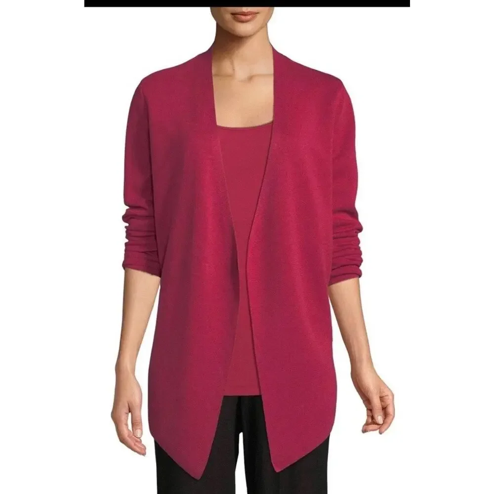 Eileen Fisher Open Front Silk Blend Cardigan Raspberry Career Workwear Medium - Picture 1 of 9